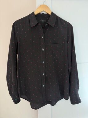 Rails Kate Silk Button Down Blouse Black with Red Hearts Size Small